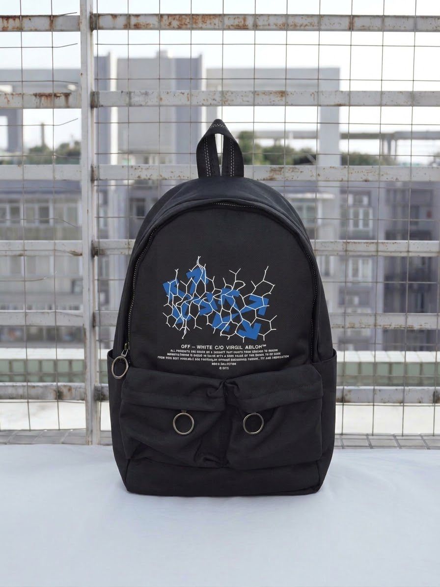 Off-White Geometric Mesh Graphic Waterproof Backpack - Black